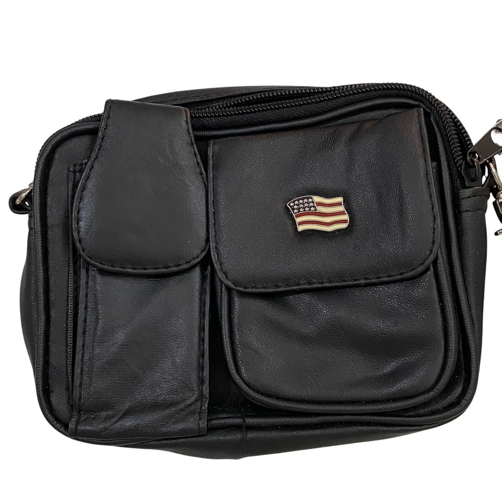 Motorcycle Gear Black Leather Mini Tote Crossbody Bag Moto American Flag Accent
